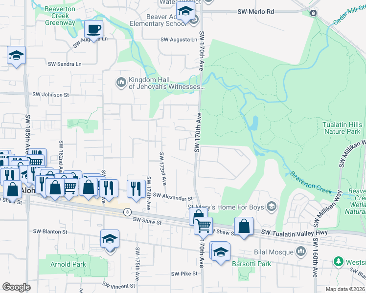 map of restaurants, bars, coffee shops, grocery stores, and more near 3215 Southwest 170th Avenue in Beaverton