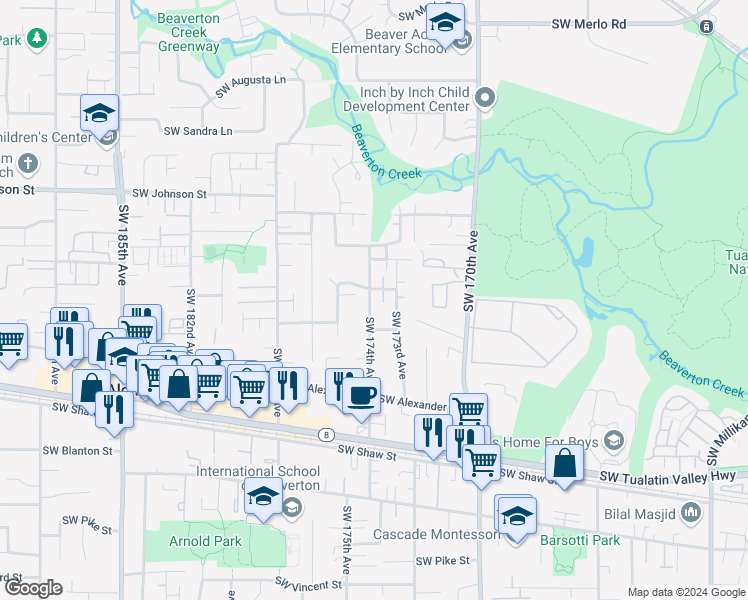 map of restaurants, bars, coffee shops, grocery stores, and more near 17321 Southwest Wakem Lane in Beaverton