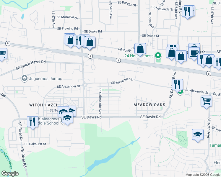 map of restaurants, bars, coffee shops, grocery stores, and more near 5325 Southeast Verbena Place in Hillsboro