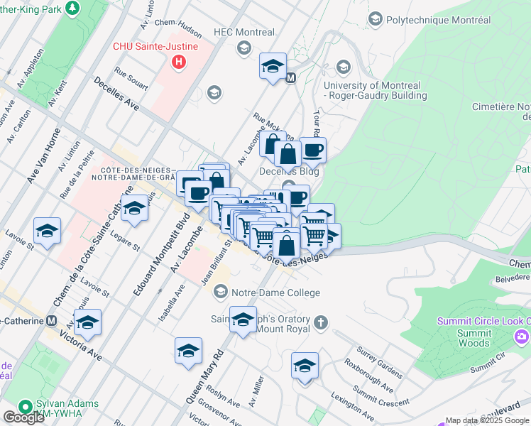map of restaurants, bars, coffee shops, grocery stores, and more near 5198 Avenue Gatineau in Montreal