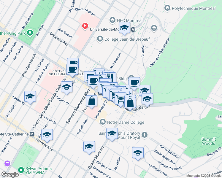 map of restaurants, bars, coffee shops, grocery stores, and more near 5315 Avenue Gatineau in Montreal
