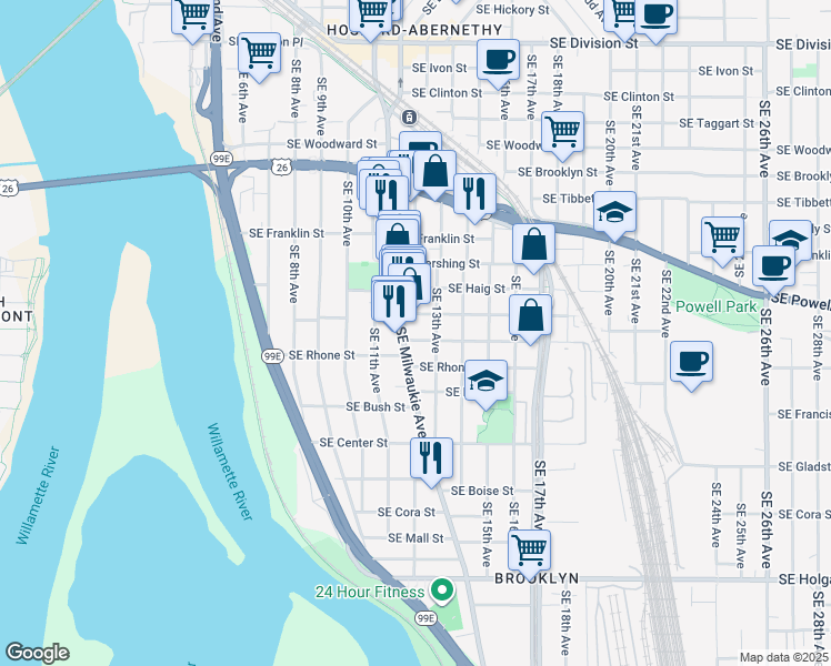 map of restaurants, bars, coffee shops, grocery stores, and more near 3619 Southeast Milwaukie Avenue in Portland