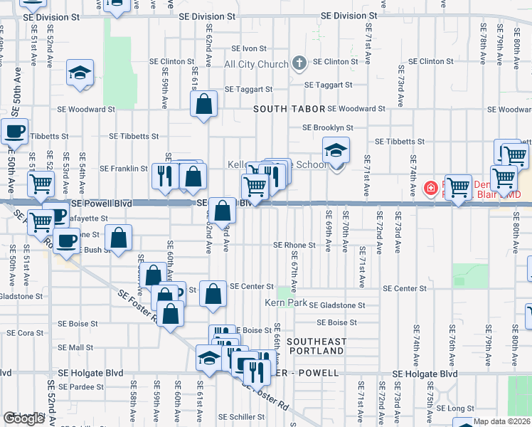 map of restaurants, bars, coffee shops, grocery stores, and more near 3559 Southeast 65th Avenue in Portland