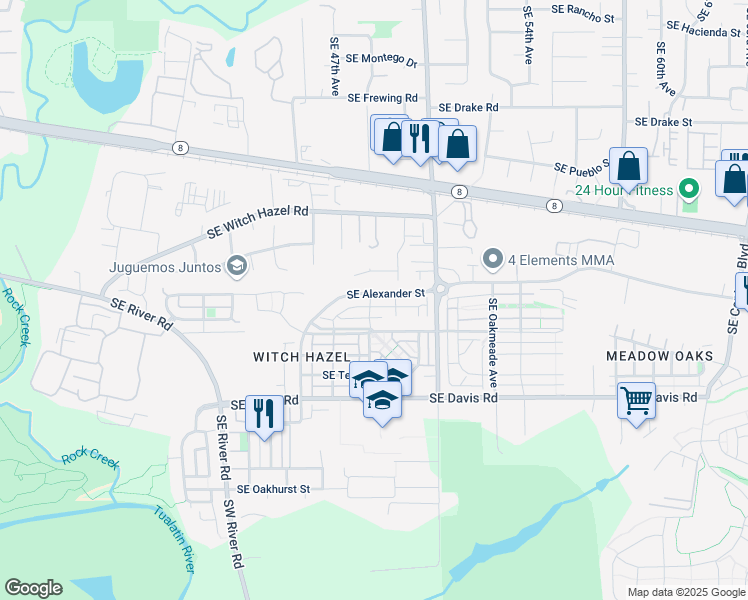 map of restaurants, bars, coffee shops, grocery stores, and more near 4690 Southeast Sandalwood Street in Hillsboro