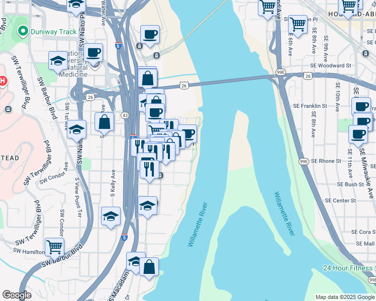 map of restaurants, bars, coffee shops, grocery stores, and more near 841 Southwest Gaines Street in Portland