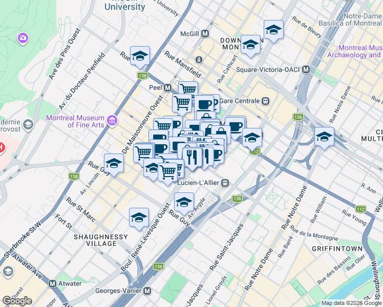 map of restaurants, bars, coffee shops, grocery stores, and more near 1155 Rue de la Montagne in Montréal