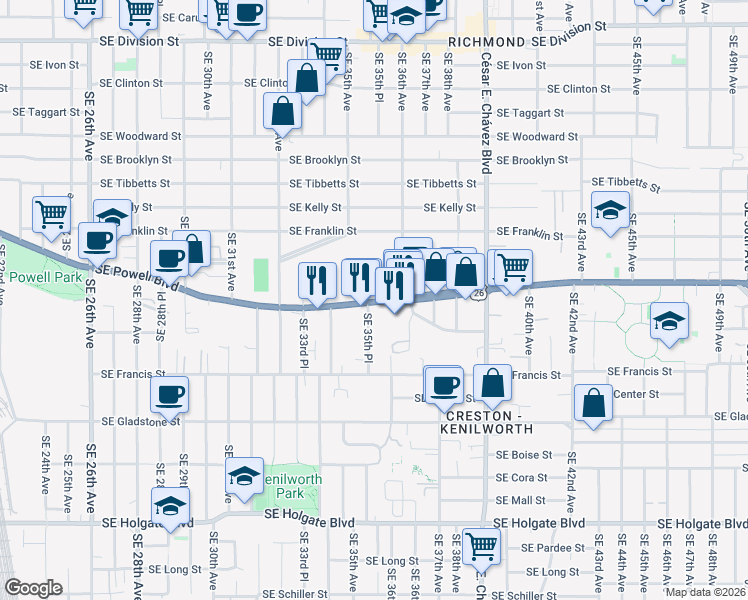 map of restaurants, bars, coffee shops, grocery stores, and more near 3633-3639 Southeast 35th Place in Portland