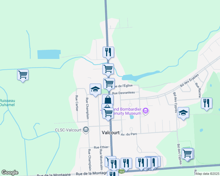 map of restaurants, bars, coffee shops, grocery stores, and more near 833 Québec 222 in Valcourt