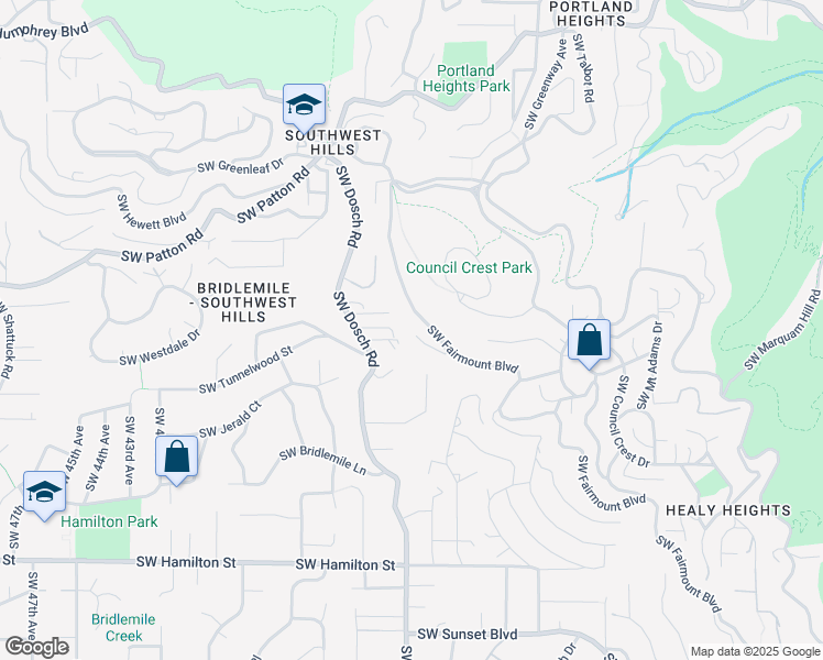 map of restaurants, bars, coffee shops, grocery stores, and more near 3352 Southwest Fairmount Lane in Portland