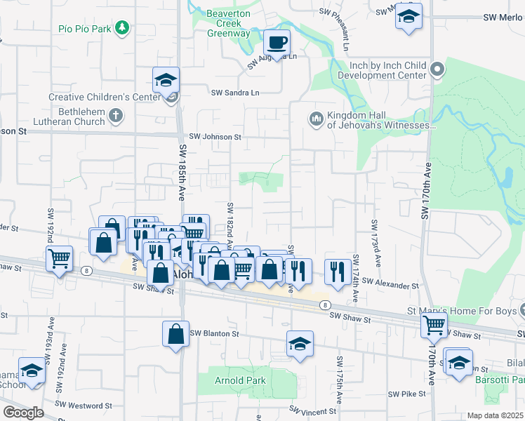 map of restaurants, bars, coffee shops, grocery stores, and more near 17893 Southwest Wakem Street in Beaverton