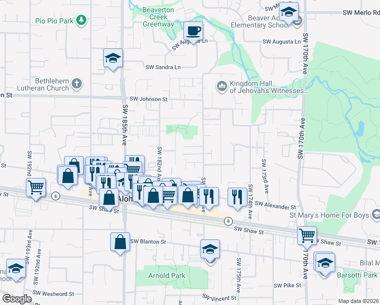 map of restaurants, bars, coffee shops, grocery stores, and more near 17893 Southwest Wakem Street in Beaverton