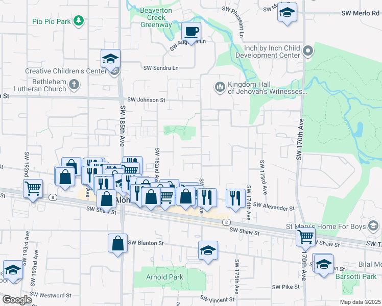 map of restaurants, bars, coffee shops, grocery stores, and more near 17893 Southwest Wakem Street in Beaverton