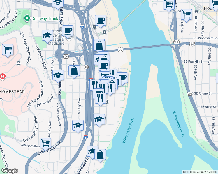 map of restaurants, bars, coffee shops, grocery stores, and more near 3601 South River Parkway in Portland