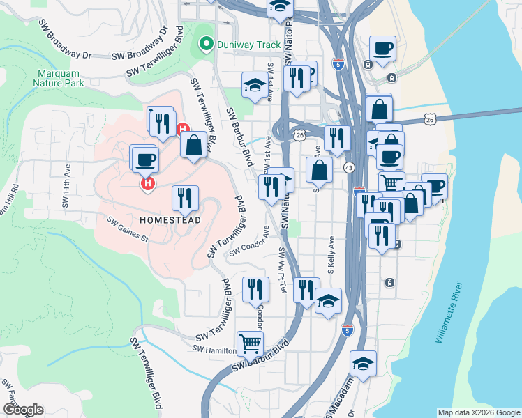 map of restaurants, bars, coffee shops, grocery stores, and more near in Portland
