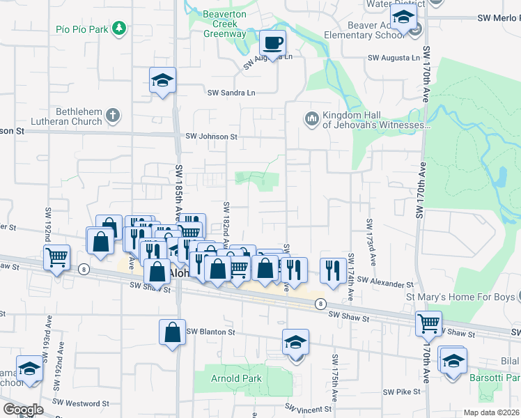 map of restaurants, bars, coffee shops, grocery stores, and more near 17893 Southwest Wakem Street in Beaverton
