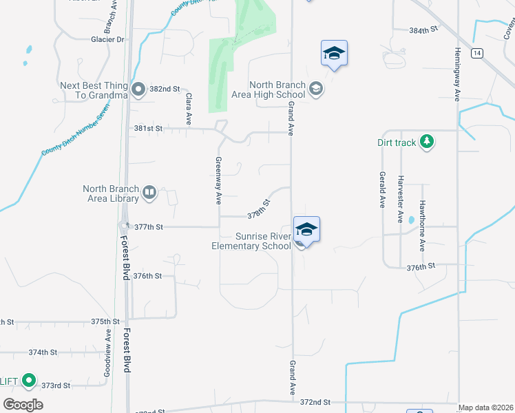 map of restaurants, bars, coffee shops, grocery stores, and more near 6653 378th Street in North Branch