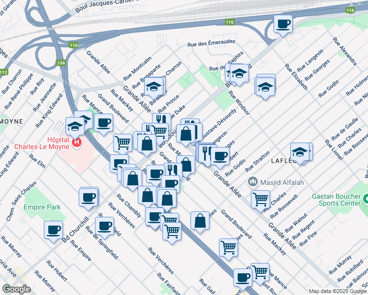 map of restaurants, bars, coffee shops, grocery stores, and more near in Longueuil