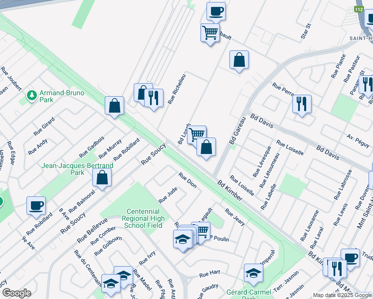 map of restaurants, bars, coffee shops, grocery stores, and more near 4616 Boulevard Kimber in Longueuil