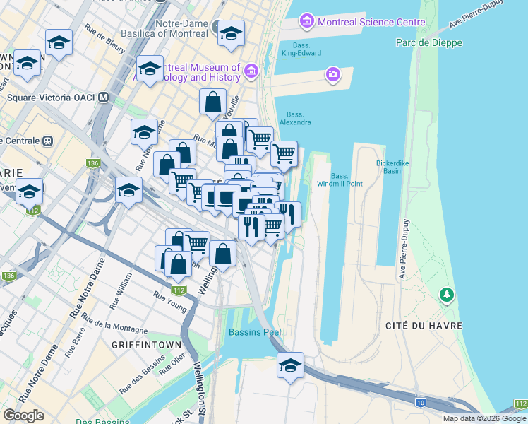 map of restaurants, bars, coffee shops, grocery stores, and more near 711 Rue de la Commune Ouest in Montréal