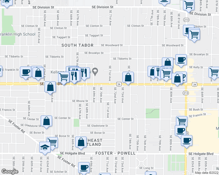 map of restaurants, bars, coffee shops, grocery stores, and more near 3526 Southeast 71st Avenue in Portland