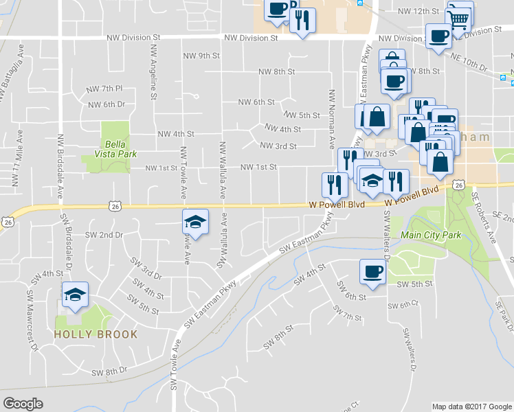 map of restaurants, bars, coffee shops, grocery stores, and more near 1040 West Powell Boulevard in Gresham