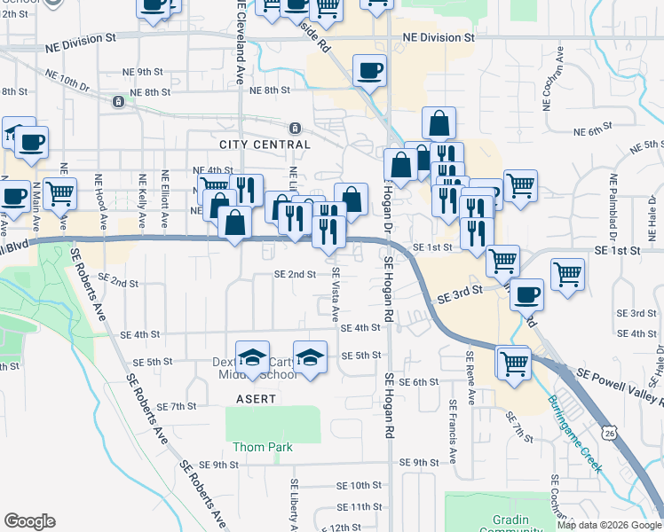 map of restaurants, bars, coffee shops, grocery stores, and more near 220 Southeast Vista Avenue in Gresham