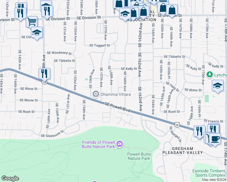 map of restaurants, bars, coffee shops, grocery stores, and more near 3615 Southeast 159th Avenue in Portland