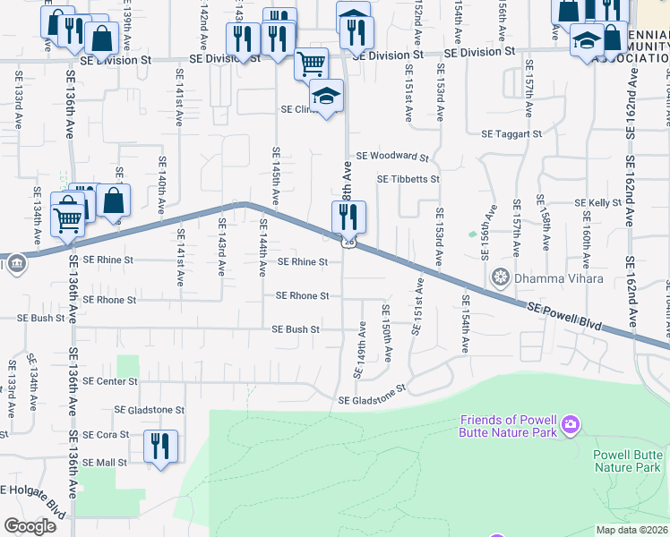map of restaurants, bars, coffee shops, grocery stores, and more near 3535 Southeast 148th Avenue in Portland