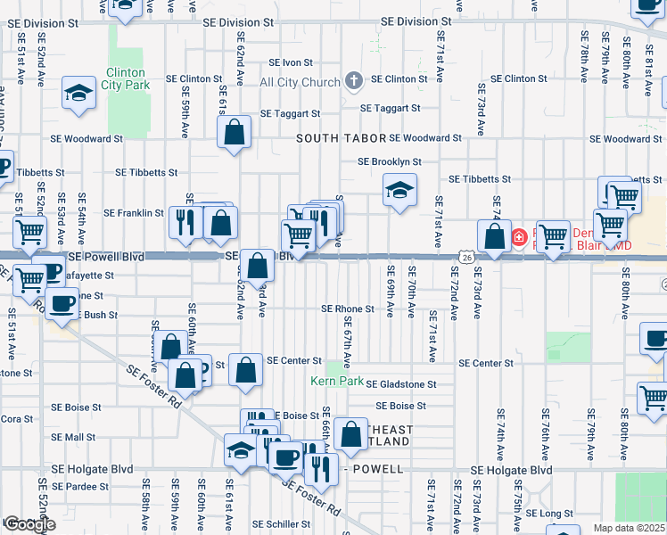 map of restaurants, bars, coffee shops, grocery stores, and more near 3600 Southeast 66th Avenue in Portland