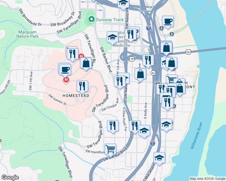 map of restaurants, bars, coffee shops, grocery stores, and more near in Portland