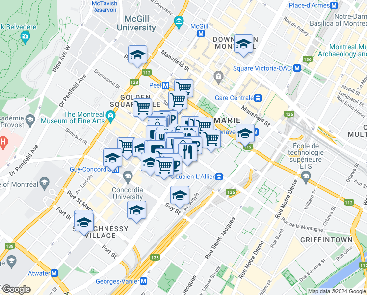 map of restaurants, bars, coffee shops, grocery stores, and more near 1175 Rue de la Montagne in Montréal