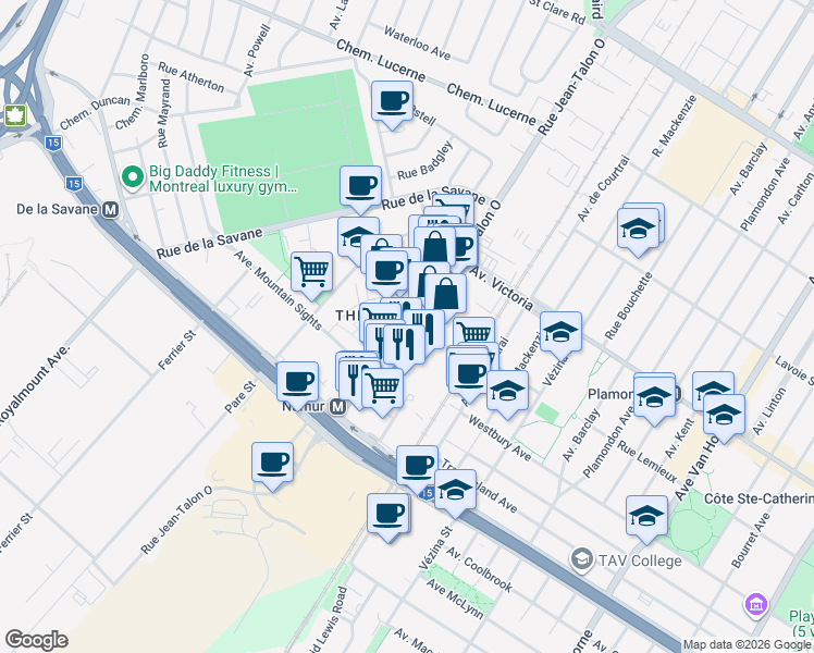 map of restaurants, bars, coffee shops, grocery stores, and more near 4975 Rue Jean-Talon Ouest in Montreal