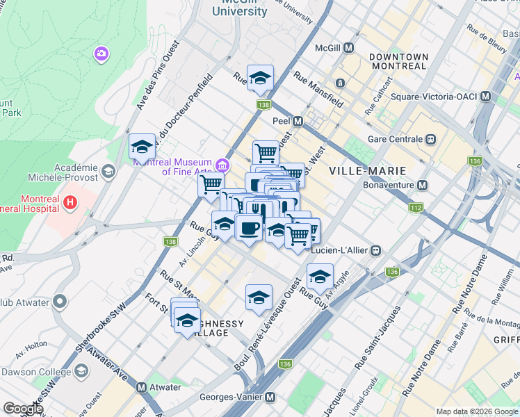 map of restaurants, bars, coffee shops, grocery stores, and more near 1429 Rue Bishop in Montréal