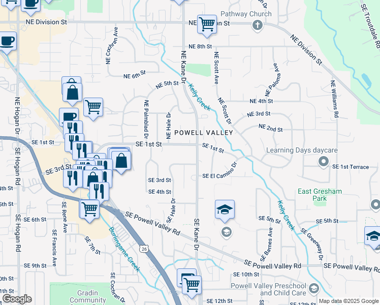 map of restaurants, bars, coffee shops, grocery stores, and more near 3201 Southeast 2nd Street in Gresham