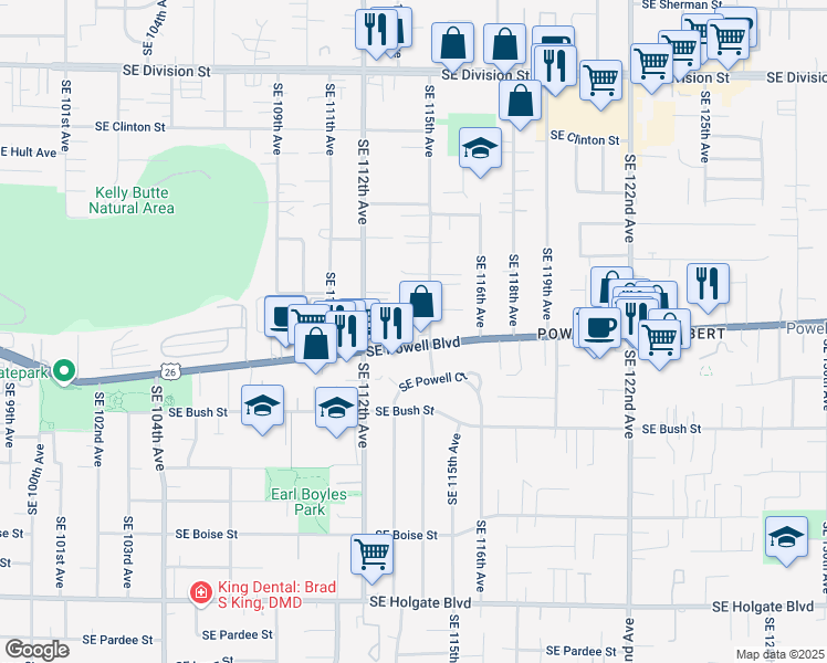 map of restaurants, bars, coffee shops, grocery stores, and more near 11414 Southeast Powell Boulevard in Portland