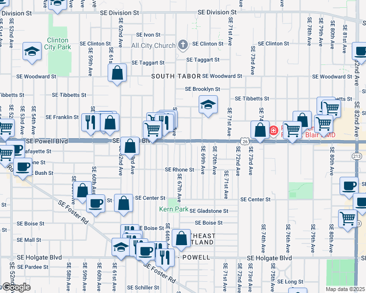 map of restaurants, bars, coffee shops, grocery stores, and more near 3553 Southeast 68th Avenue in Portland