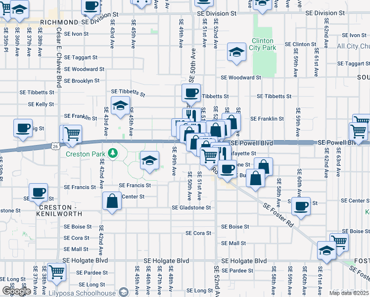 map of restaurants, bars, coffee shops, grocery stores, and more near 5010 Southeast Foster Road in Portland