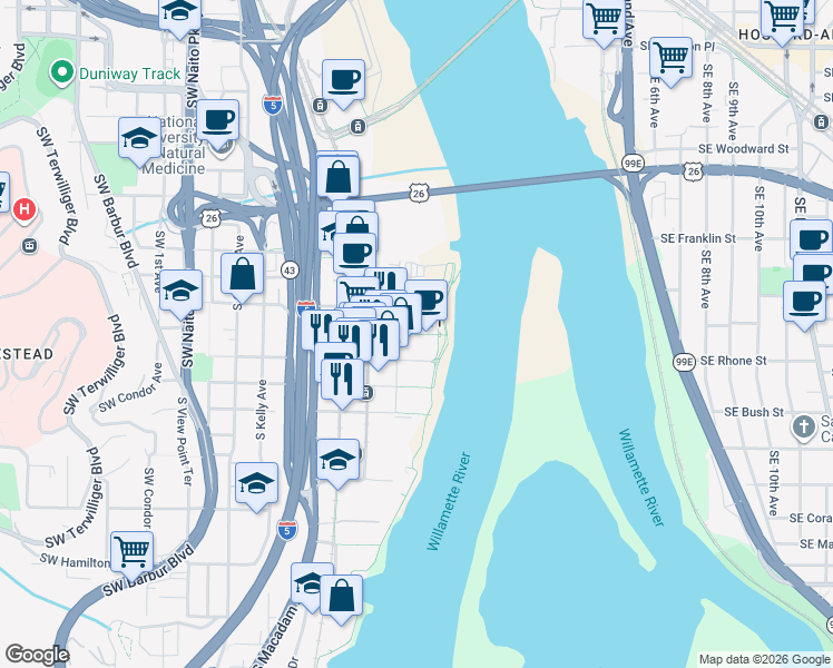 map of restaurants, bars, coffee shops, grocery stores, and more near 841 South Gaines Street in Portland