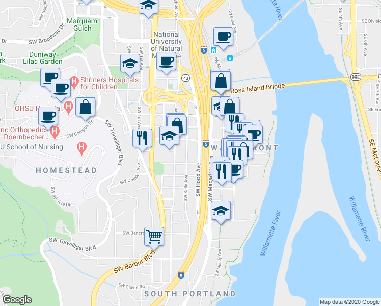 map of restaurants, bars, coffee shops, grocery stores, and more near 312 South Gaines Street in Portland