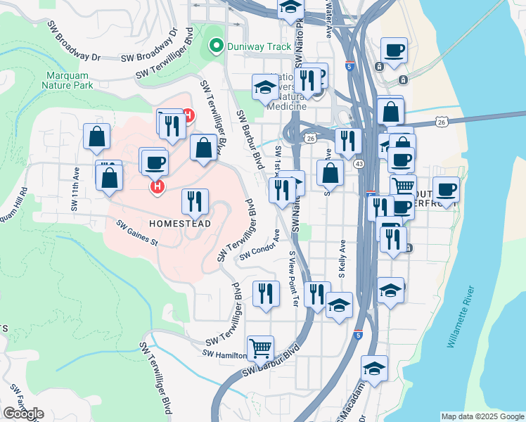 map of restaurants, bars, coffee shops, grocery stores, and more near 3855 Southwest Condor Avenue in Portland