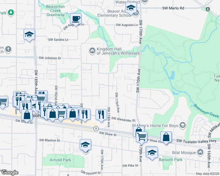 map of restaurants, bars, coffee shops, grocery stores, and more near 17321 Southwest Wakem Lane in Beaverton