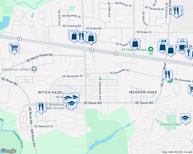 map of restaurants, bars, coffee shops, grocery stores, and more near 5115 Southeast Verbena Place in Hillsboro