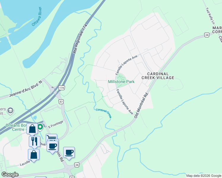 map of restaurants, bars, coffee shops, grocery stores, and more near 20 Astrolabe Place in Ottawa