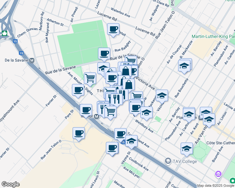 map of restaurants, bars, coffee shops, grocery stores, and more near 4975 Rue Jean-Talon Ouest in Montréal