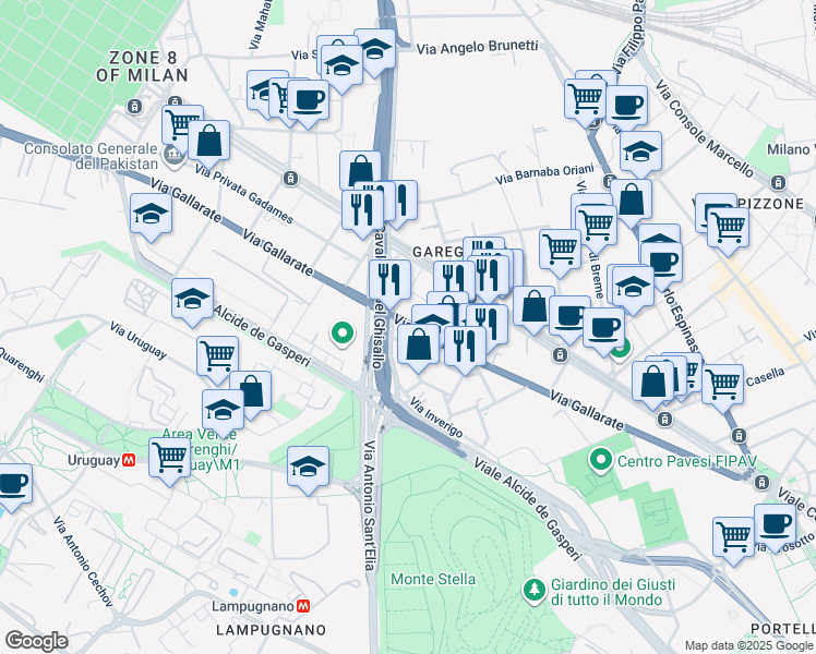 map of restaurants, bars, coffee shops, grocery stores, and more near 3 Via Magreglio in Milano