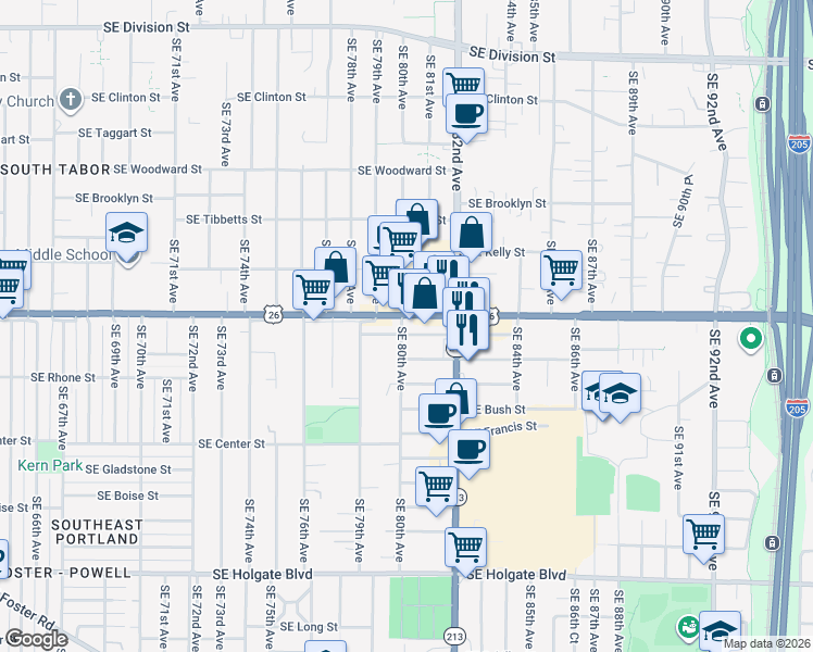 map of restaurants, bars, coffee shops, grocery stores, and more near 8029 Southeast Lafayette Street in Portland