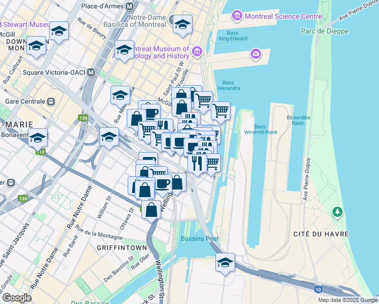 map of restaurants, bars, coffee shops, grocery stores, and more near 80 Rue Queen in Montréal