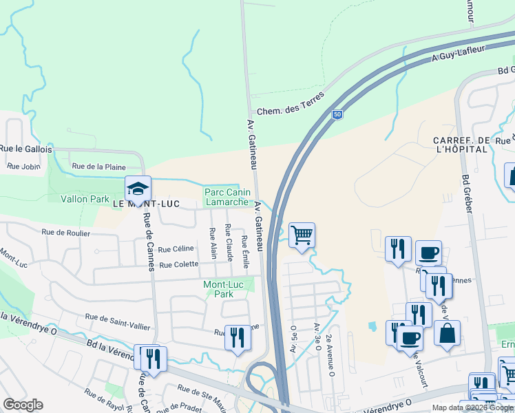 map of restaurants, bars, coffee shops, grocery stores, and more near Montée Saint-Amour in Gatineau