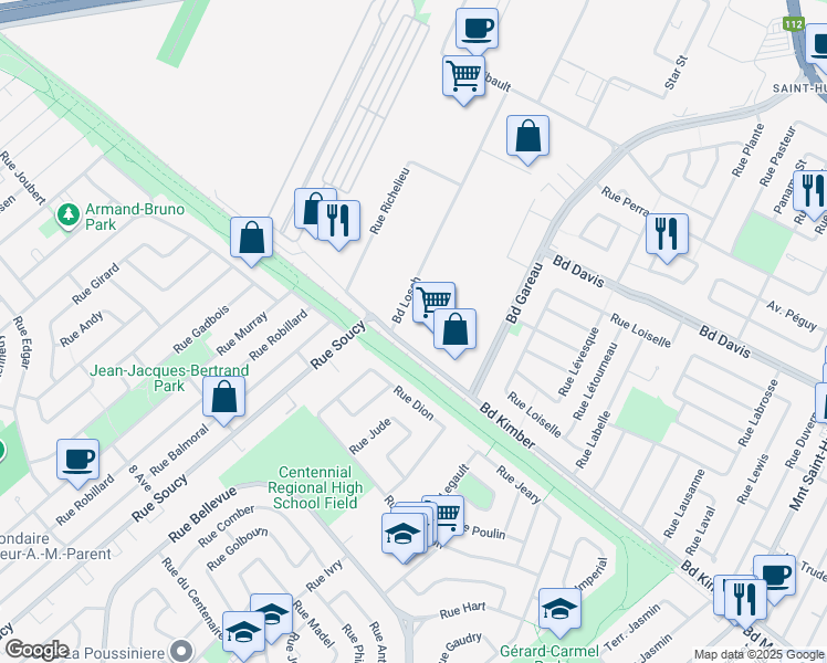 map of restaurants, bars, coffee shops, grocery stores, and more near 4616 Boulevard Kimber in Longueuil