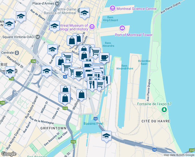 map of restaurants, bars, coffee shops, grocery stores, and more near 681 Rue de la Commune Ouest in Montréal